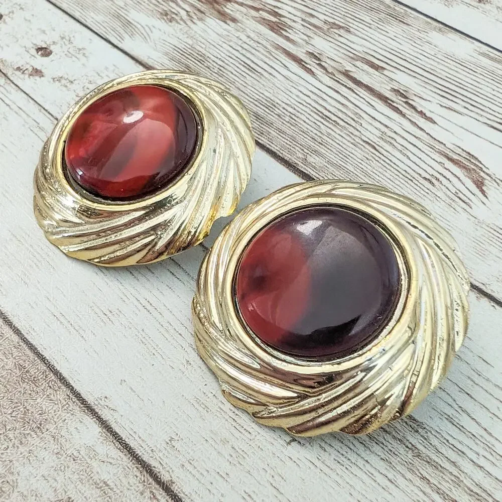 Vintage Clip On Earrings - Large Statement Redish with Gold Tone Halo